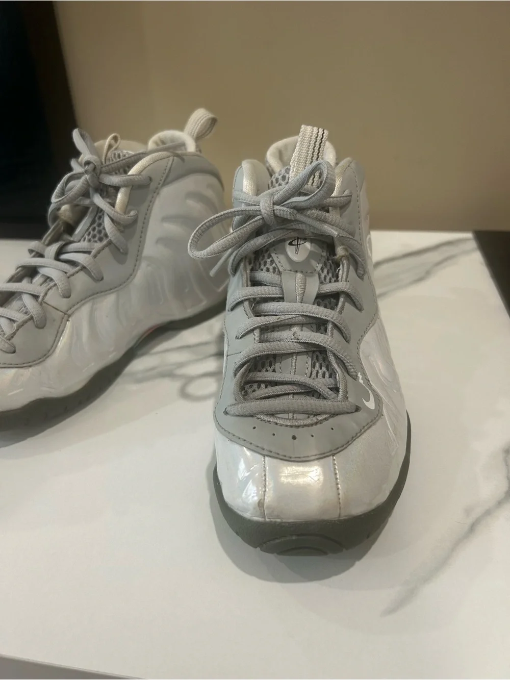 Nike Little Posite One Foamposite Kids 1Y Iridescent White Grey Sneakers